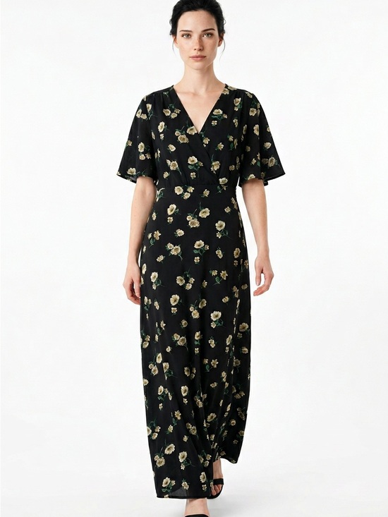 Lulus Dresses & Skirts - Lulu's Black Floral Wrap-Style Maxi Dress